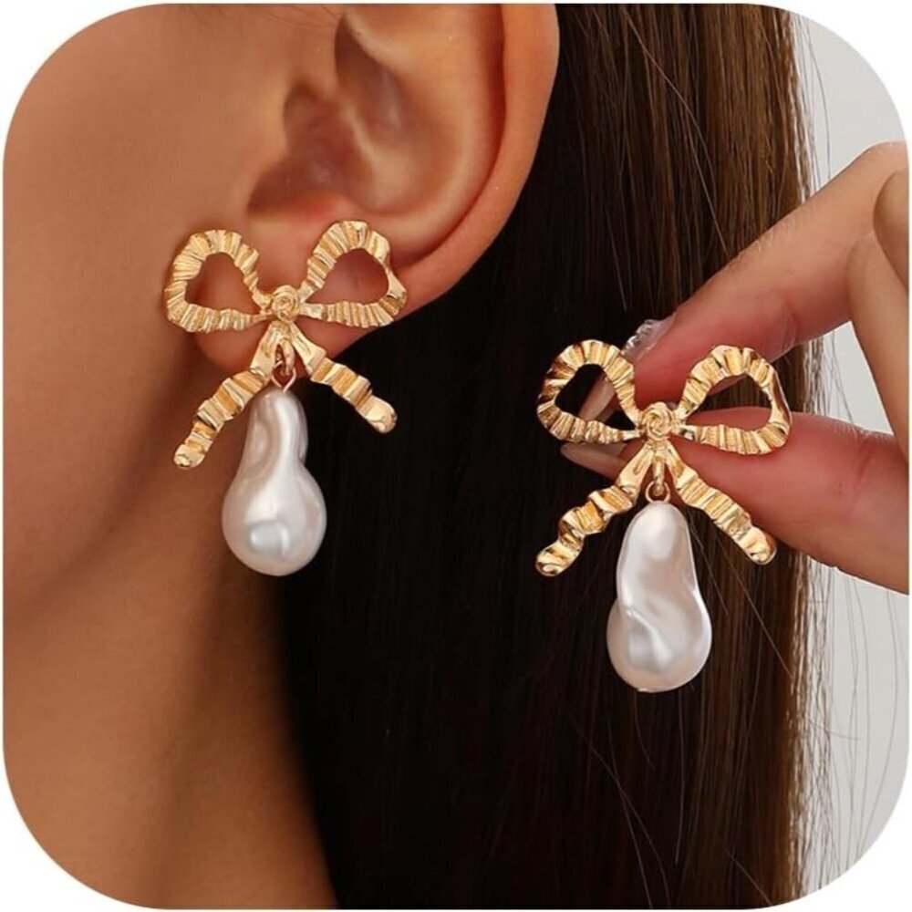 🆕 Women Gold Pear Bow Earrings Ribbon Cute Bowknot Stud Birthday Party Jewelry